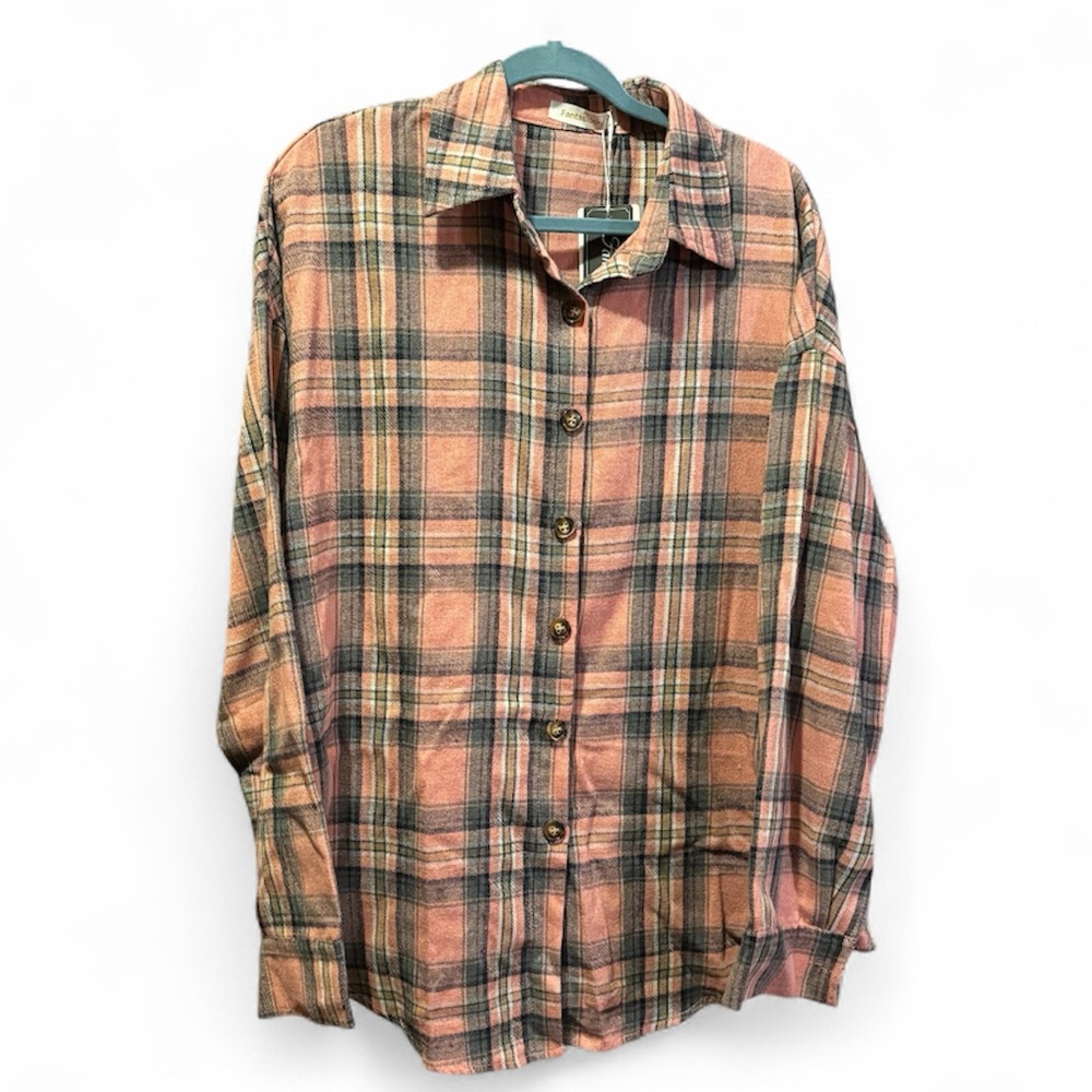 Women’s pink & gray plaid flannel shirt Large